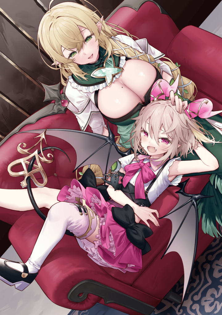 tokuno yuika, lovey chouchoumarchou, stellea lala silva, #compass, second-party source, 1boy, 1girl, black shoes, blonde hair, bow, breasts, brown hair, cleavage, couch, crossdressing, crossdressing (mtf), demon boy, demon horns, demon tail, demon wings, elf, fang, green eyes, hair between eyes, horns, lap pillow, long hair, looking at viewer, mole, mole on breast, on couch, open mouth, pink bow, pink eyes, pink skirt, pointy ears, shoes, single thighhigh, skirt, smile, tail, thighhighs, wings