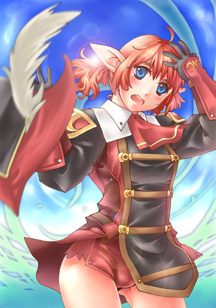 wool-1, elvaan, red mage (final fantasy), final fantasy, final fantasy xi, bad id, bad pixiv id, 00s, 1girl, ahoge, blue eyes, blurry, blush, cameltoe, depth of field, elf, female focus, hat, lens flare, open mouth, outdoors, pointy ears, red hair, side ponytail, sky, solo, sweatdrop, wind, wind lift
