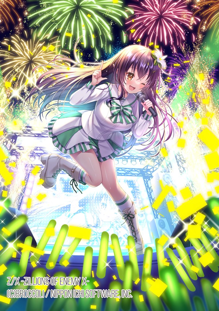 koyama sao, z/x, official art, 1girl, aerial fireworks, black hair, boots, bow, bowtie, breasts, concert, confetti, copyright notice, fireworks, flower, from below, glowstick, green bow, green bowtie, green skirt, hair flower, hair ornament, holding, holding microphone, idol clothes, long hair, microphone, multicolored bow, multicolored bowtie, multicolored skirt, night, night sky, one eye closed, pecteilis, pointing, pointing up, pointy ears, screen zoom, shirt, skirt, sky, sparkle, standing, standing on one leg, white boots, white bow, white bowtie, white shirt, white skirt, yellow eyes