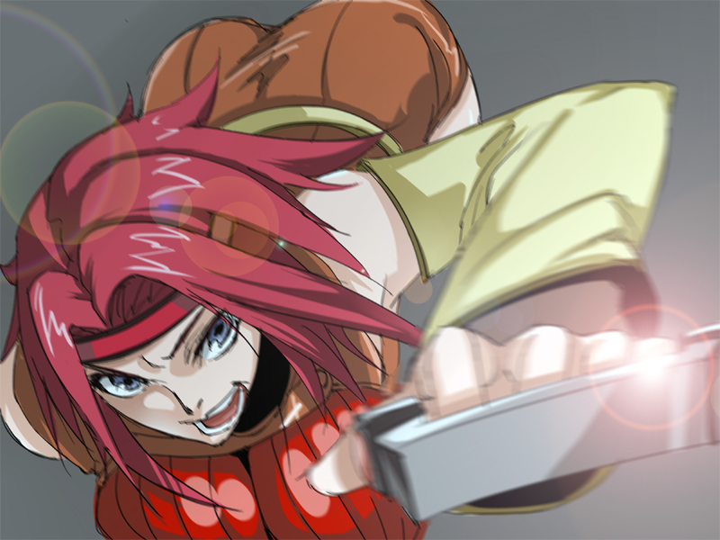 er-mint, kouzuki kallen, code geass, 00s, ass, blue eyes, detached sleeves, headband, pink hair, short hair, sleeveless, sleeveless turtleneck, solo, turtleneck