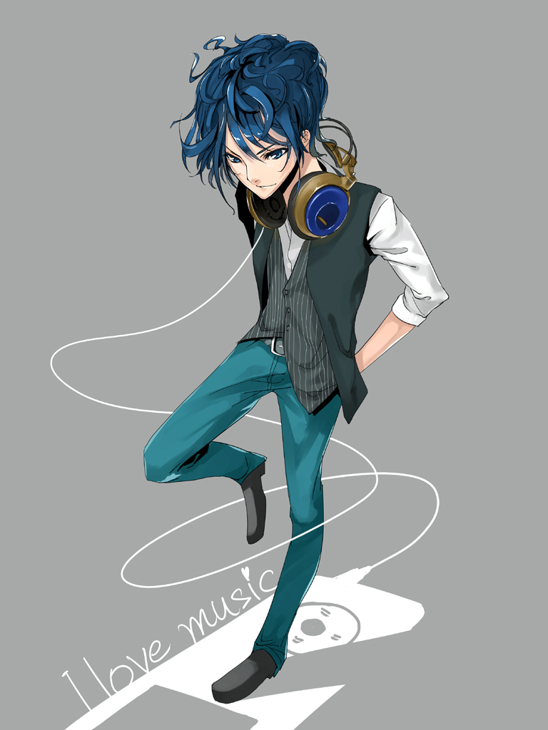 er-mint, audio-technica, original, 1boy, blue eyes, blue hair, curly hair, denim, full body, headphones, jeans, male focus, matching hair/eyes, pants, solo, vest
