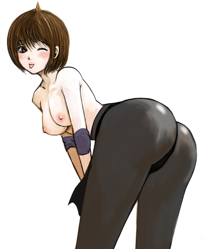 kazaana, original, 1girl, :p, ;p, ass, bent over, breasts, brown eyes, brown hair, elbow pads, female focus, leaning forward, nipples, one eye closed, short hair, solo, tongue, tongue out, topless female, wink