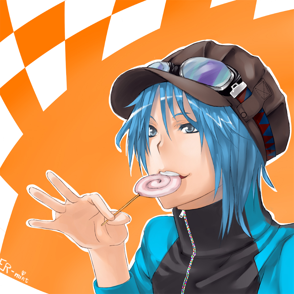 er-mint, original, gender request, androgynous, blue eyes, blue hair, candy, food, goggles, hat, lollipop, newsboy cap, reverse trap, short hair, solo, swirl lollipop, teeth