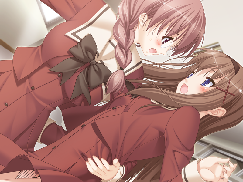 kani biimu, kitajima kaede, kitajima sara, fuguriya, sono hanabira ni kuchizuke wo, game cg, 2girls, blush, cousins, glasses, multiple girls, panties, ponytail, school uniform, serafuku, underwear, yuri