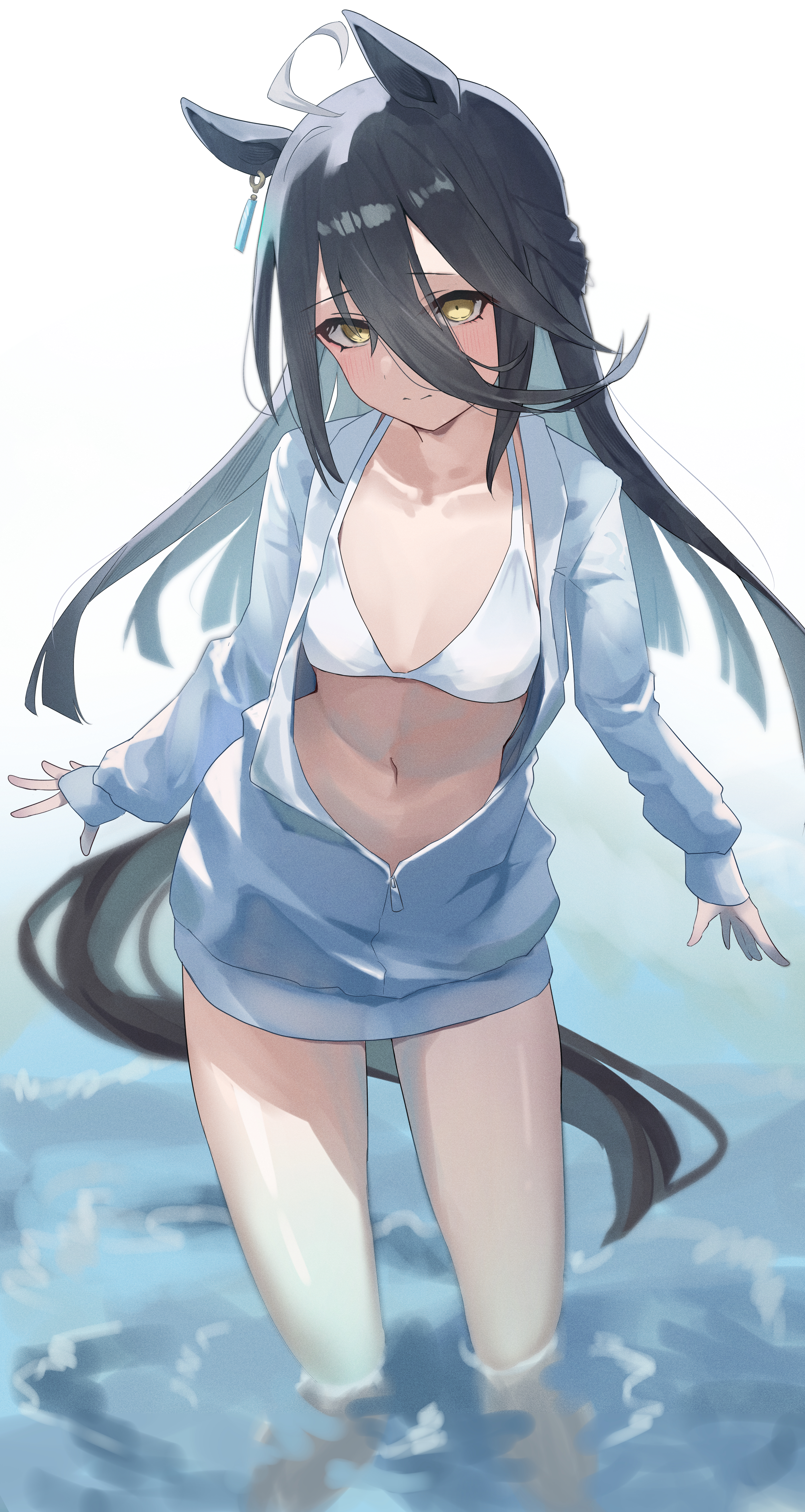 lowlight1010, manhattan cafe (tobasuze hot summer!) (umamusume), manhattan cafe (umamusume), umamusume, absurdres, commentary request, highres, 1girl, ahoge, animal ears, bikini, black hair, blush, closed mouth, ear ornament, ear tag, earrings, grey hair, hair between eyes, half updo, horse ears, horse girl, horse tail, jacket, jewelry, long hair, long hair between eyes, long sleeves, looking at viewer, multicolored hair, navel, official alternate costume, open clothes, open jacket, single earring, smile, solo, swimsuit, tail, very long hair, wading, white bikini, white jacket, yellow eyes