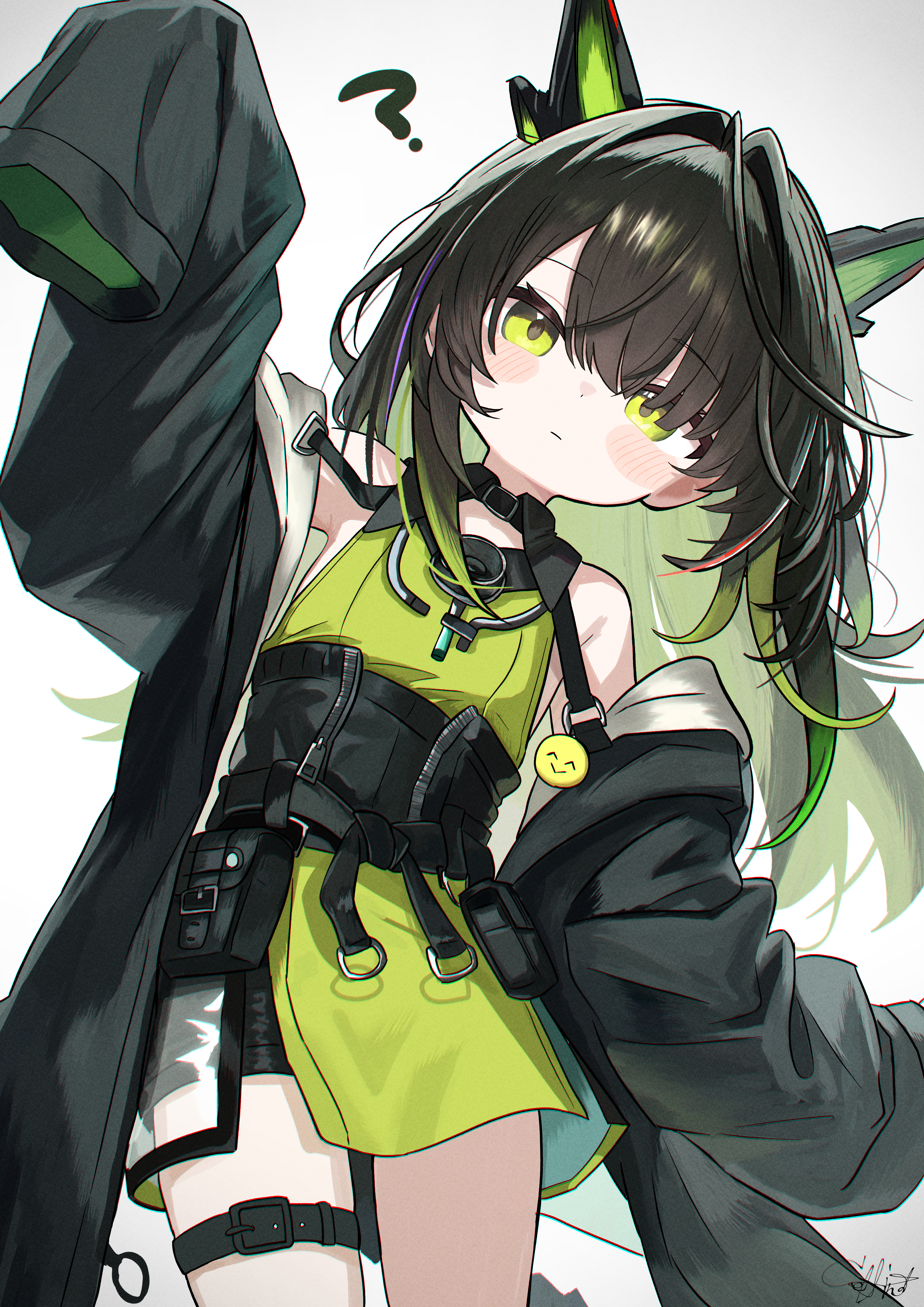 delfino, mon3tr (arknights), arknights, absurdres, commentary, commentary request, highres, 1girl, ?, aged down, bare shoulders, belt, belt pouch, black hair, black jacket, black shorts, closed mouth, colored inner hair, dress, green dress, green eyes, green hair, jacket, jacket partially removed, long hair, long sleeves, multicolored hair, off shoulder, open clothes, open jacket, pouch, shorts, shorts under dress, simple background, sleeves past fingers, sleeves past wrists, solo, stethoscope, stethoscope around neck, thigh belt, thigh strap, white background, wide sleeves