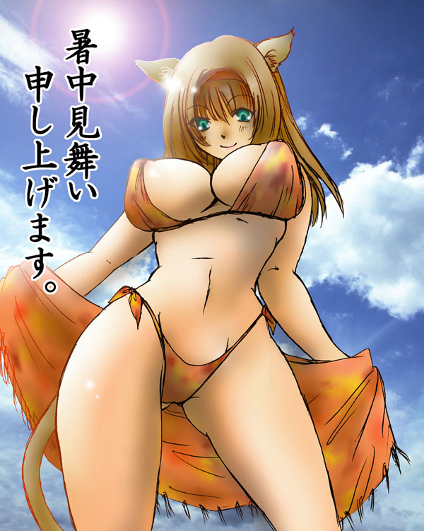 lonmiy, lonmiy (pixiv), mithra (ff11), final fantasy, final fantasy xi, 00s, 1girl, animal ears, bikini, breasts, cat ears, cat girl, cat tail, day, female focus, large breasts, orange bikini, solo, swimsuit, tail