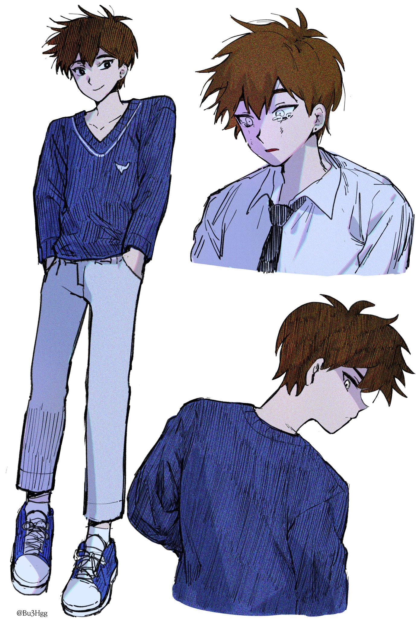 bu3hgg, hero (faraway) (omori), hero (omori), omori, highres, 1boy, ankle socks, black eyes, black necktie, blue shoes, blue sweater, bright pupils, brown hair, closed mouth, collarbone, collared shirt, cropped torso, crying, crying with eyes open, double-parted bangs, film grain, frown, full body, hair behind ear, hair between eyes, hands in pockets, hatching (texture), long hair, long sleeves, looking at viewer, looking down, male focus, multiple views, necktie, open mouth, pants, profile, shirt, shoelaces, shoes, short hair, simple background, smile, sneakers, socks, standing, sweater, sweatpants, tears, twitter username, v-neck, very long hair, white background, white eyes, white pants, white pupils, white shirt, white socks