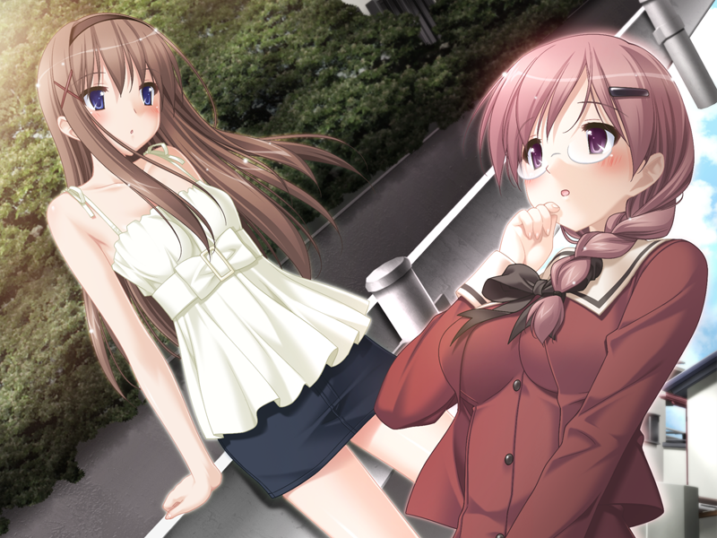 kani biimu, kitajima kaede, kitajima sara, fuguriya, sono hanabira ni kuchizuke wo, game cg, 2girls, blush, cousins, glasses, multiple girls, ponytail, school uniform, serafuku, yuri