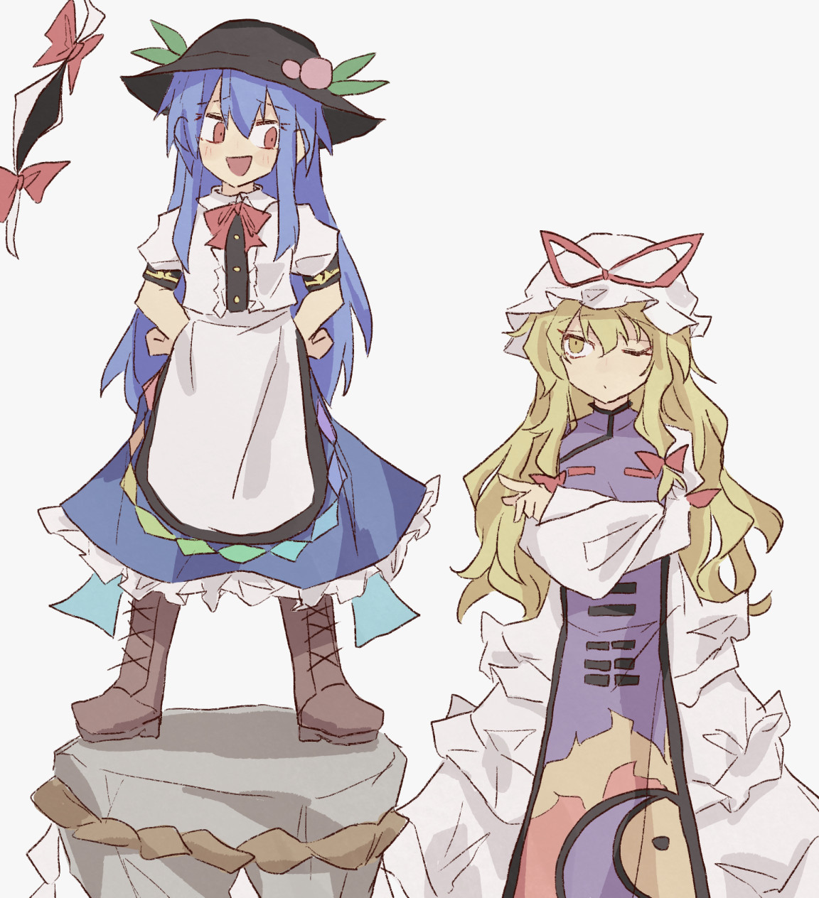 minoru minoru, hinanawi tenshi, yakumo yukari, touhou, commentary request, highres, 2girls, :d, apron, black hat, blonde hair, blue hair, blue skirt, blush, boots, bow, bowtie, brown boots, collared shirt, crossed arms, dot pupils, dress, frilled dress, frilled skirt, frills, gap (touhou), hair bow, hands on own hips, hat, index finger raised, kaname-ishi, long hair, looking at another, looking down, mob cap, multiple girls, one eye closed, open mouth, peach hat ornament, purple tabard, red bow, red bowtie, red ribbon, ribbon, shirt, short sleeves, sideways glance, simple background, skirt, smile, standing on rock, tabard, trigram, white apron, white background, white dress, white hat, white shirt, yellow eyes, yin yang, yin yang print