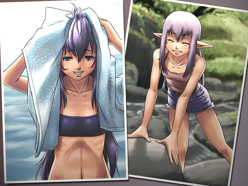 tara baka ni, elvaan, prishe, final fantasy, final fantasy xi, 00s, 2girls, blush, closed eyes, elf, flat chest, grey eyes, long hair, miniskirt, multiple girls, outdoors, pointy ears, purple hair, skirt, smile, swimsuit, towel