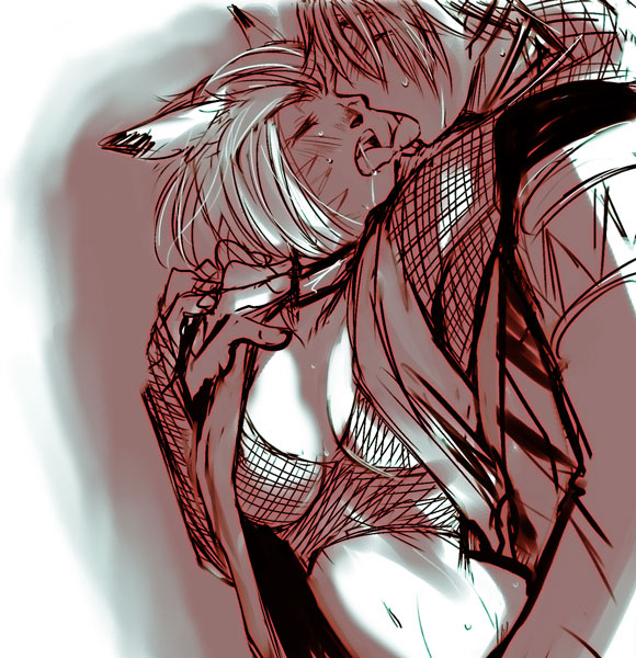 doraeshi, haduki (pixiv), elvaan, mithra (ff11), final fantasy, final fantasy xi, bad id, bad pixiv id, 00s, 1boy, 1girl, animal ears, cat ears, closed eyes, elf, fishnet top, fishnets, french kiss, hetero, kiss, licking, limited palette, pointy ears, sketch, sweat, tongue, tongue out