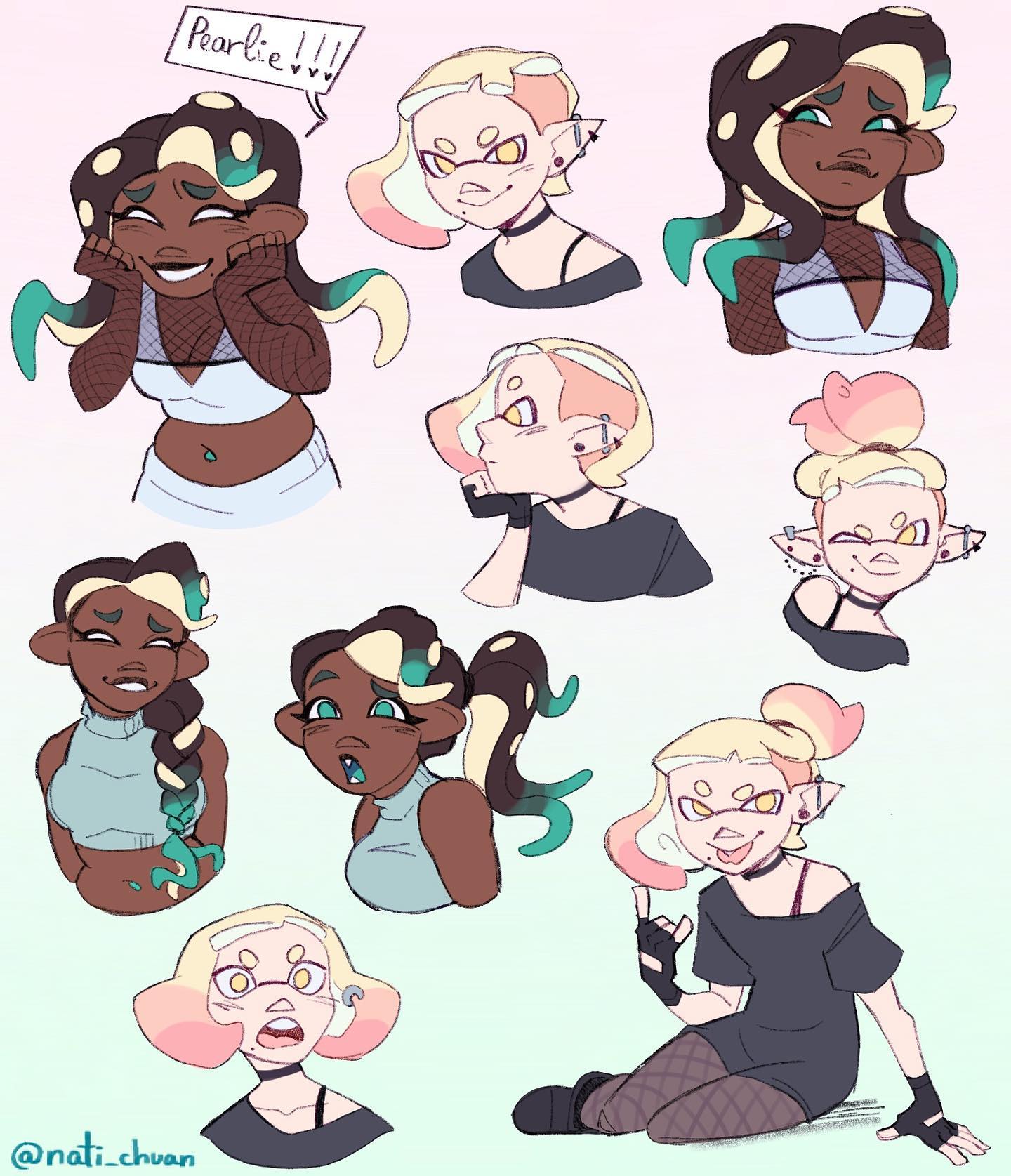 marina (splatoon), pearl (splatoon), nintendo, splatoon (series), splatoon 2, commentary, english commentary, highres, 2girls, n/, alternate costume, alternate hairstyle, asymmetrical hair, black gloves, black hair, black shirt, black shoes, braid, breasts, closed eyes, closed mouth, dark-skinned female, dark skin, ear piercing, eyelashes, fingerless gloves, fishnet pantyhose, fishnets, gloves, gradient hair, green eyes, green hair, inkling, long hair, midriff, mole, mole under mouth, multicolored hair, multiple girls, multiple views, nati chuan, navel, navel piercing, octoling, one eye closed, open mouth, pantyhose, piercing, pink hair, ponytail, shirt, shoes, short hair, short sleeves, simple background, single braid, sleeveless, smile, speech bubble, teeth, tentacle hair, undercut, upper teeth only, white hair, white shirt, yellow eyes, yuri
