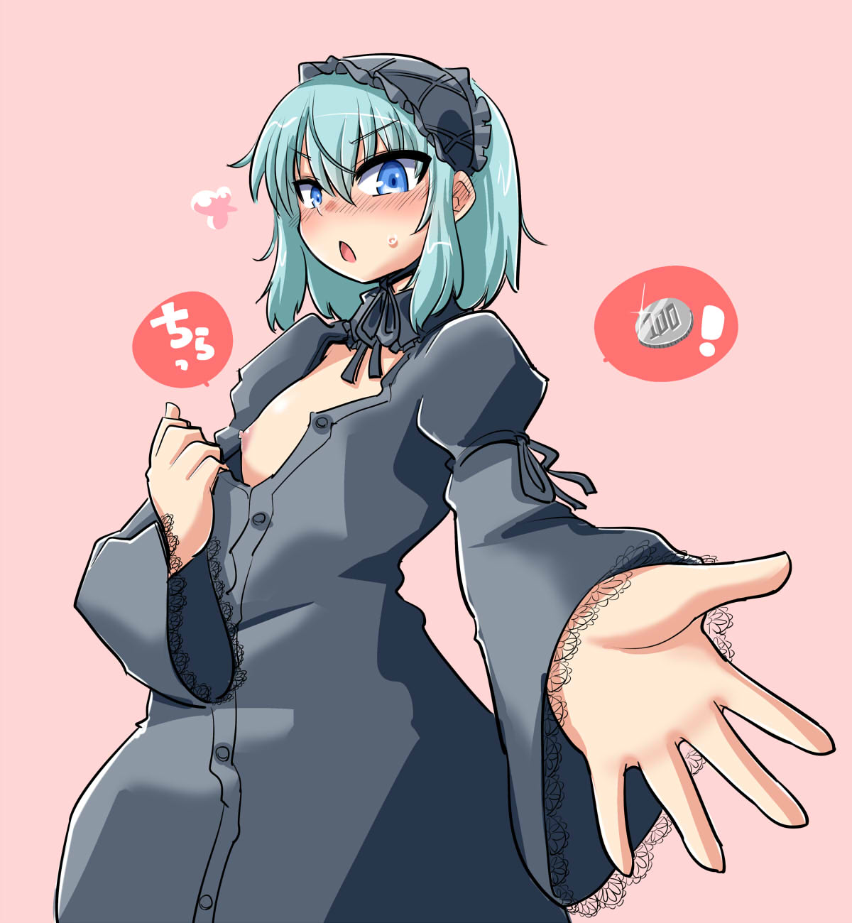 itini-sanshi, 2channel, commentary request, highres, 1boy, 2channel (/livejupiter/), aile-kun, blue eyes, blue hair, blush, cowboy shot, crossdressing, crossdressing (mtf), dress, ear blush, frilled hairband, frills, grey dress, grey hairband, hairband, long sleeves, looking at viewer, male focus, nipples, open mouth, pink background, short hair, simple background, solo, trap