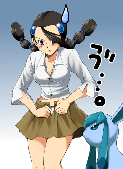candice (pokemon), glaceon, nintendo, pokemon, pokemon dppt, translation request, 00s, 1girl, gen 4 pokemon, gym leader, pokemon (creature), twintails