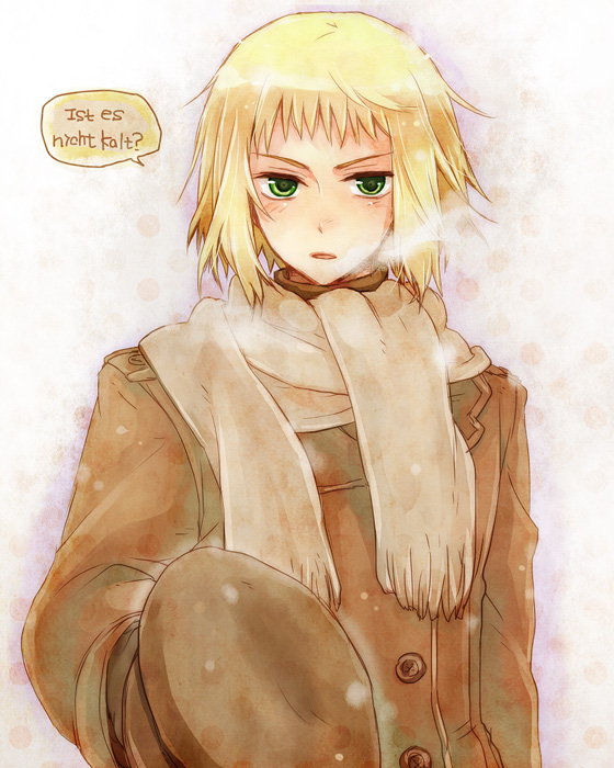 ft yuuki, switzerland (hetalia), axis powers hetalia, commentary request, 1boy, blonde hair, blush, brown coat, brown hat, buttons, coat, german text, green eyes, hat, holding, holding unworn clothes, holding unworn hat, lapels, long sleeves, male focus, open mouth, scarf, short hair, simple background, snowing, solo, speech bubble, steam, unworn hat, unworn headwear, upper body, visor cap, white background, white scarf