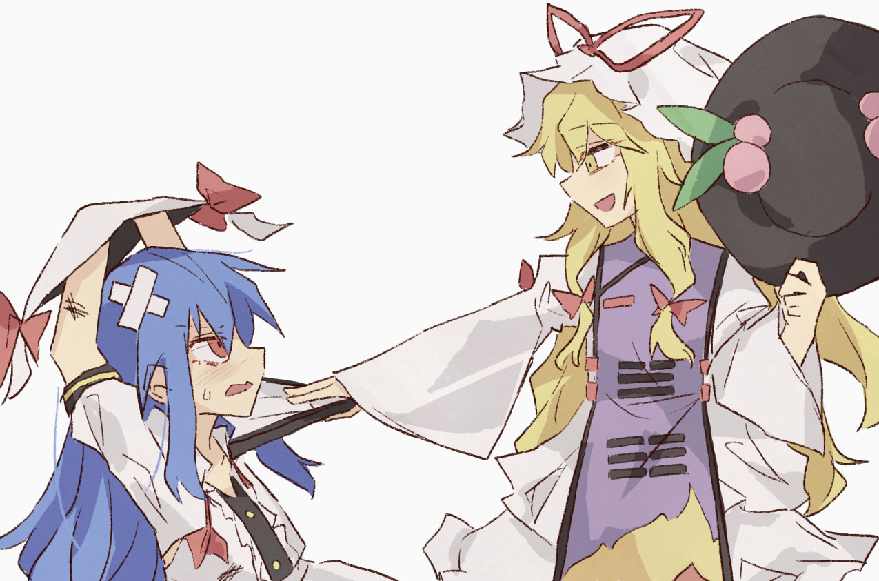 minoru minoru, hinanawi tenshi, yakumo yukari, touhou, commentary request, 2girls, :d, arms up, black hat, blonde hair, blue hair, blush, bow, bowtie, collared shirt, crossed bandaids, dot pupils, dress, folding fan, frilled dress, frills, gap (touhou), hair bow, hand fan, hat, holding, holding fan, holding unworn clothes, holding unworn hat, long hair, long sleeves, looking at another, looking down, mob cap, multiple girls, open mouth, peach hat ornament, pointing, pointing at another, profile, purple tabard, red bow, red eyes, red ribbon, restrained, ribbon, shirt, short sleeves, simple background, smile, sweatdrop, tabard, torn clothes, trigram, undone bowtie, unworn hat, unworn headwear, white background, white dress, white hat, white shirt, yellow eyes