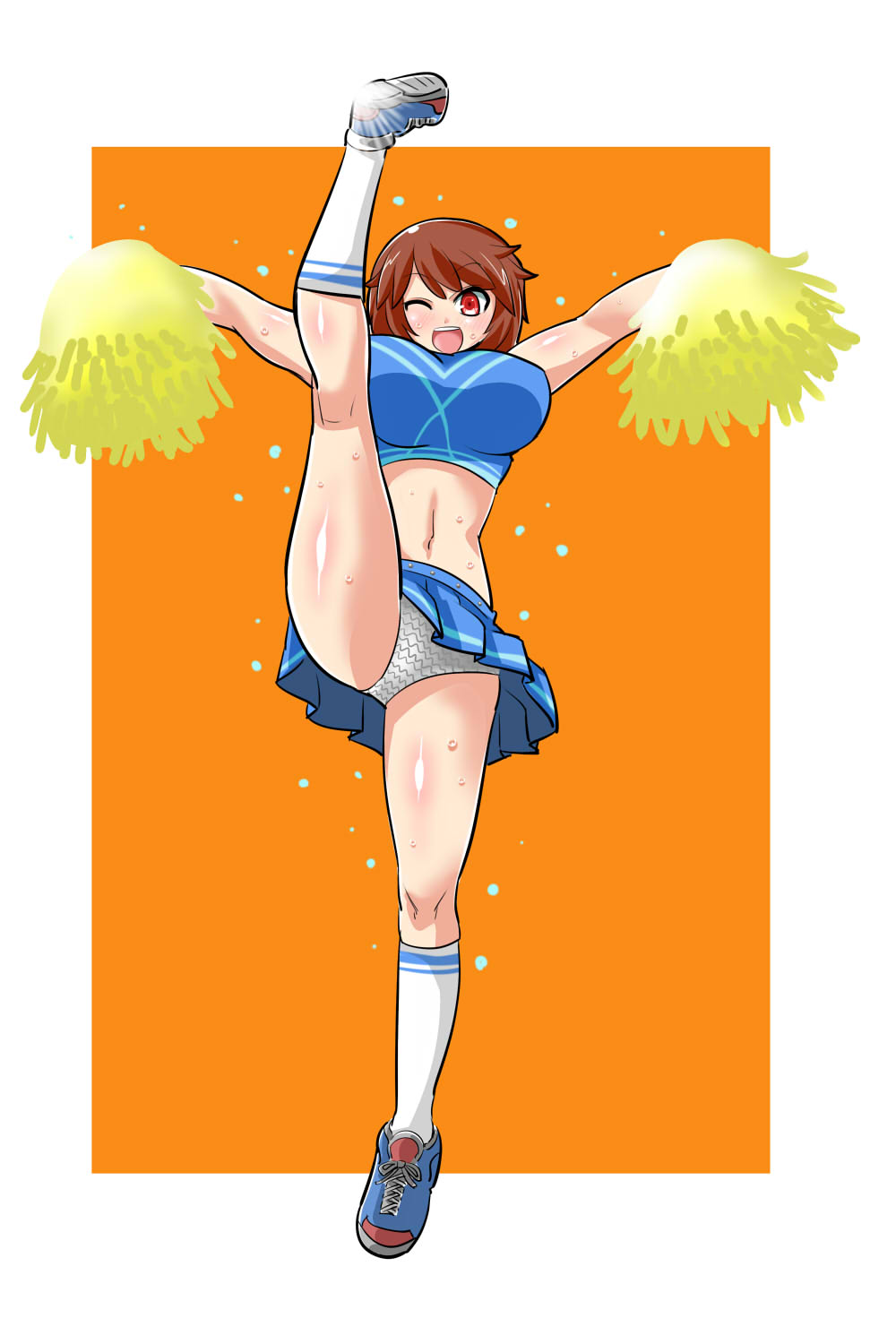 itini-sanshi, souseiseki, rozen maiden, commentary request, highres, 1girl, :d, alternate breast size (larger), alternate costume, blue shirt, blue shoes, blush, breasts, brown hair, cheerleader, crop top, full body, leg up, looking at viewer, midriff, miniskirt, navel, one eye closed, open mouth, orange background, panties, pleated skirt, pom pom (cheerleading), red eyes, shirt, shoes, short hair, simple background, skirt, smile, sneakers, socks, solo, split, standing, standing on one leg, standing split, sweat, underwear, white background, white panties, white socks