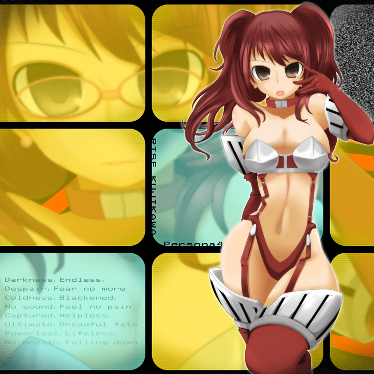 mizuno kakeru, kujikawa rise, atlus, persona, persona 3, persona 4, 1girl, boots, breasts, brown eyes, choker, cleavage, cosplay, earrings, elbow gloves, female focus, glasses, gloves, high-cut armor (persona), jewelry, navel, red hair, solo, takeba yukari (cosplay), thigh boots, thighhighs, twintails, zoom layer