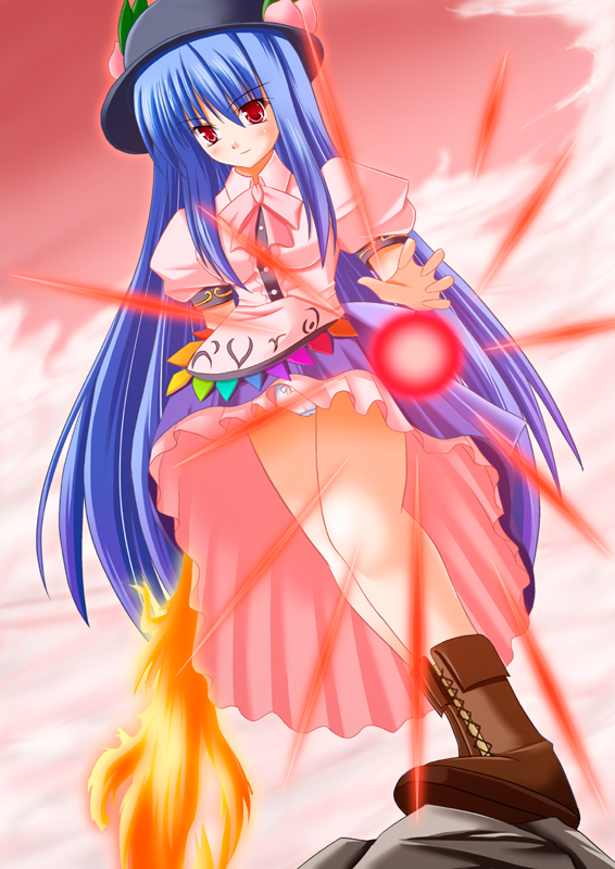 tukuyo kiriyuki, hinanawi tenshi, touhou, bad id, bad pixiv id, 1girl, blue hair, female focus, food, fruit, hat, long hair, outdoors, panties, peach, red eyes, ribbon, sky, solo, underwear