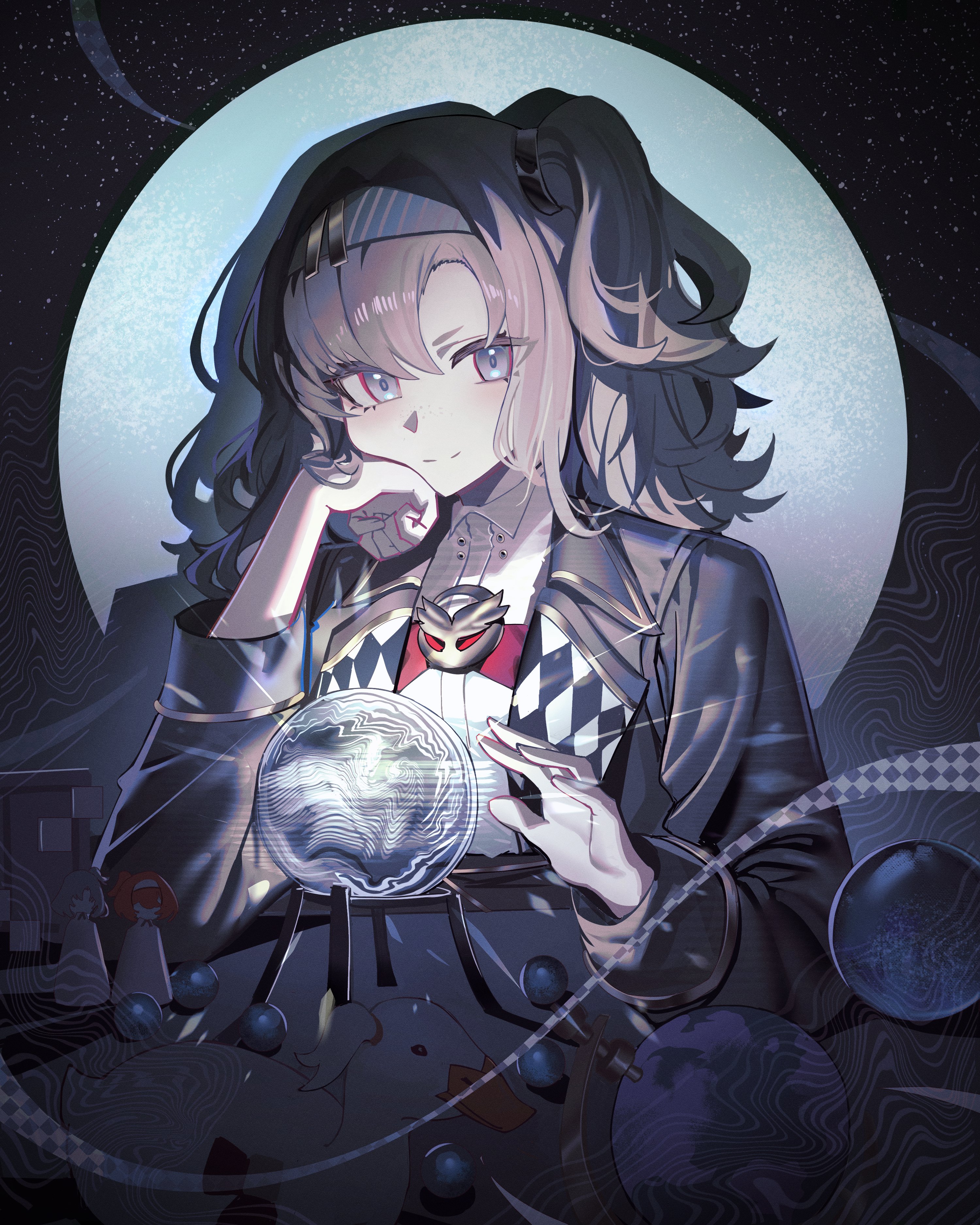 jeze, matilda bouanich, reverse:1999, absurdres, highres, 1girl, bird, blazer, blue eyes, blue hairband, bow, bowtie, closed mouth, crystal ball, dark background, duck, elbow on table, globe, glowing, grey hair, grey jacket, hairband, hand on own cheek, hand on own face, hands up, head rest, jacket, medium hair, one side up, red bow, red bowtie, shadow, shirt, smile, solo, spotlight, traditional bowtie, upper body, white shirt