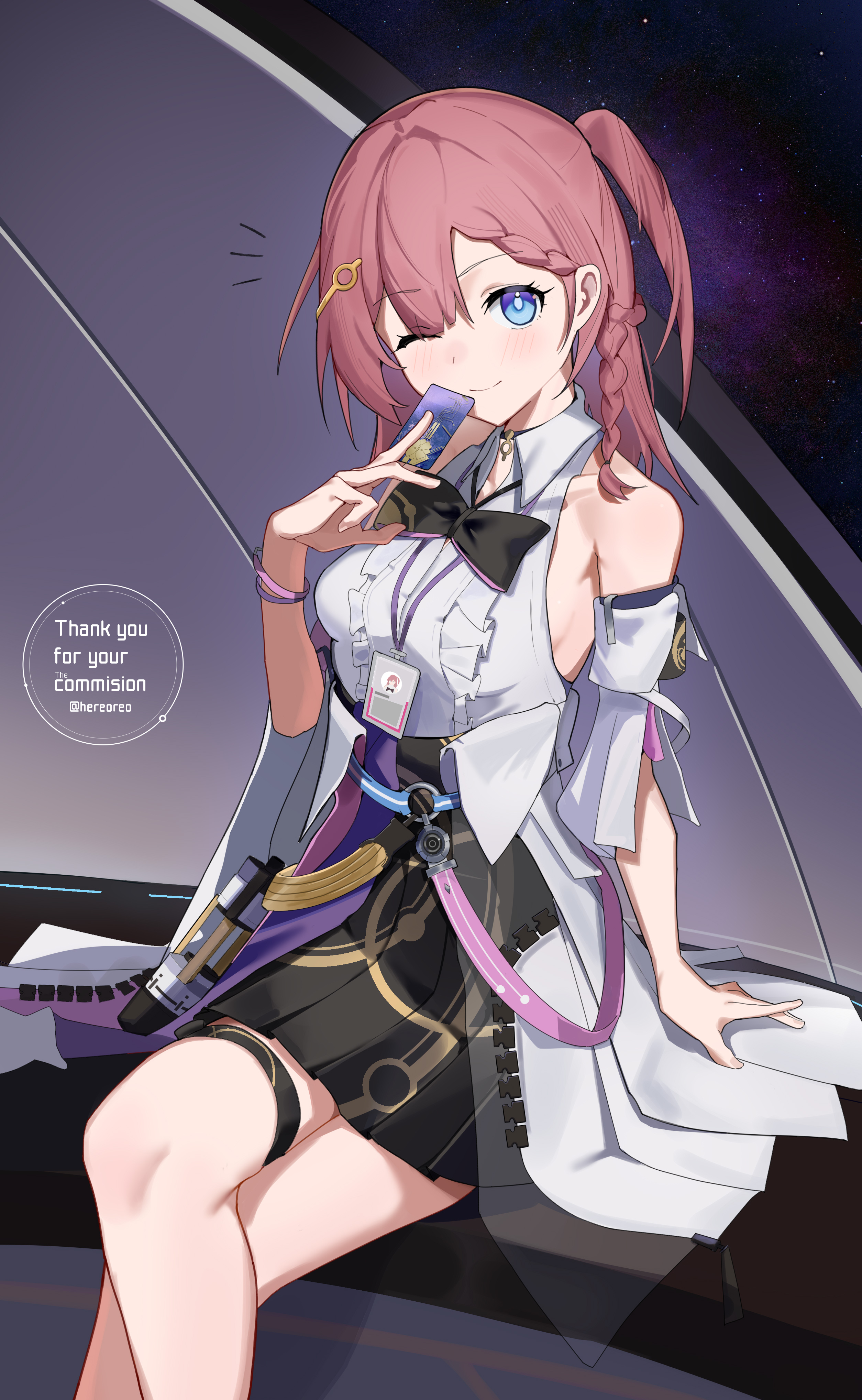 hereokita, asta (honkai: star rail), honkai: star rail, honkai (series), absurdres, commentary request, commission, highres, skeb commission, 1girl, bare shoulders, black bow, black bowtie, black skirt, blue eyes, bow, bowtie, braid, breasts, center frills, closed mouth, credit card, crossed legs, detached sleeves, feet out of frame, frills, hair ornament, hand up, holding, id card, indoors, lanyard, light blush, long hair, looking at viewer, medium breasts, night, night sky, one eye closed, one side up, pink hair, shirt, sitting, skirt, sky, sleeveless, sleeveless shirt, smile, solo, star (sky), starry sky, thank you, thigh strap, twitter username, white shirt, window, wristband