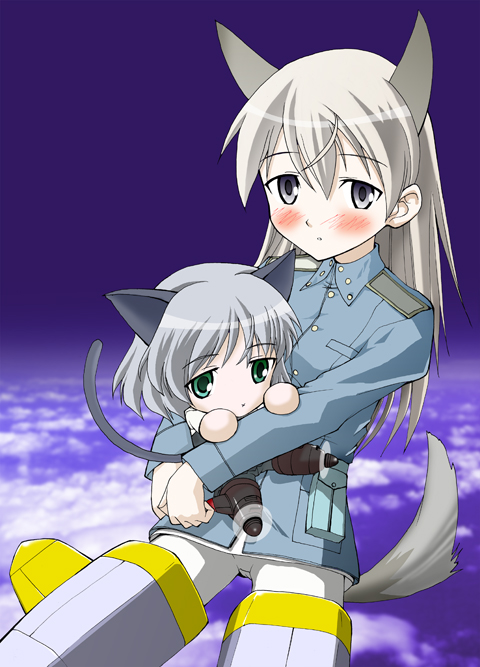 wasu, eila ilmatar juutilainen, sanya v. litvyak, strike witches, world witches series, silver hair, 00s, 2girls, animal ears, blonde hair, blush, censored, chibi, green eyes, grey eyes, long hair, multiple girls, pantyhose, short hair, striker unit, tail, white pantyhose