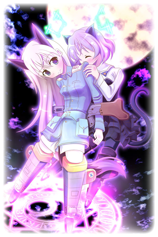 eila ilmatar juutilainen, sanya v. litvyak, strike witches, world witches series, bad id, bad pixiv id, 00s, 2girls, black pantyhose, couple, hirschgeweih antennas, magic circle, multiple girls, pantyhose, white pantyhose, yuri