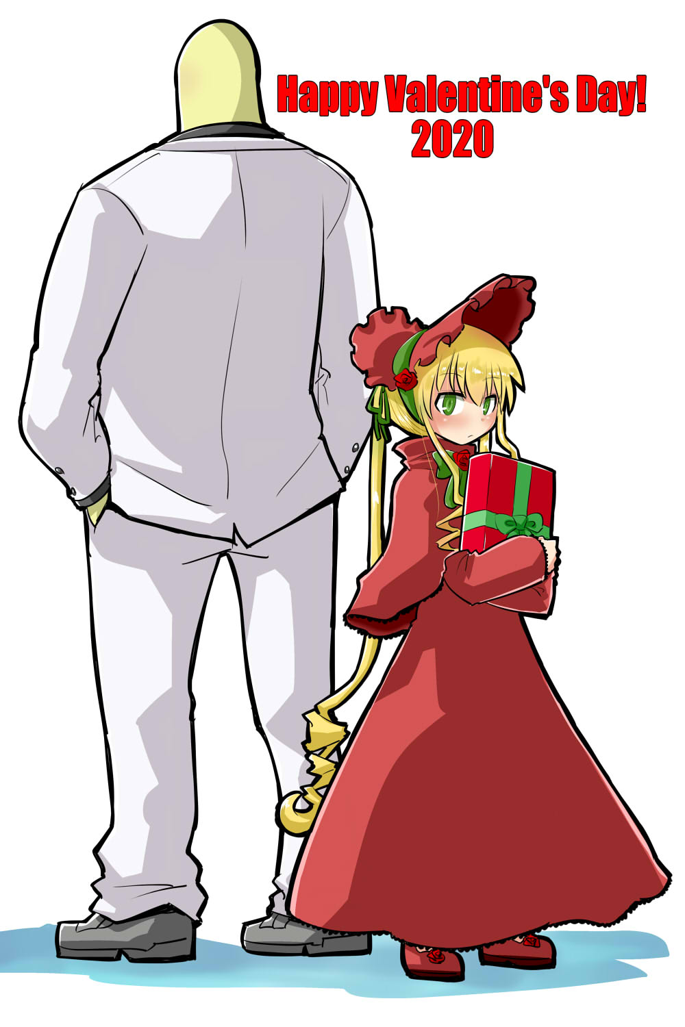itini-sanshi, shinku, yaranaio, 2channel, rozen maiden, commentary request, highres, 1boy, 1girl, 2020, bald, blonde hair, blush, bonnet, bow, bowtie, capelet, dress, drill hair, drill sidelocks, full body, gift, green bow, green bowtie, grey shoes, holding, holding gift, jacket, lolita fashion, long dress, long hair, long sleeves, looking at viewer, pants, red bonnet, red capelet, red dress, red shoes, shoes, sidelocks, simple background, twintails, valentine, very long hair, white background, white jacket, white pants