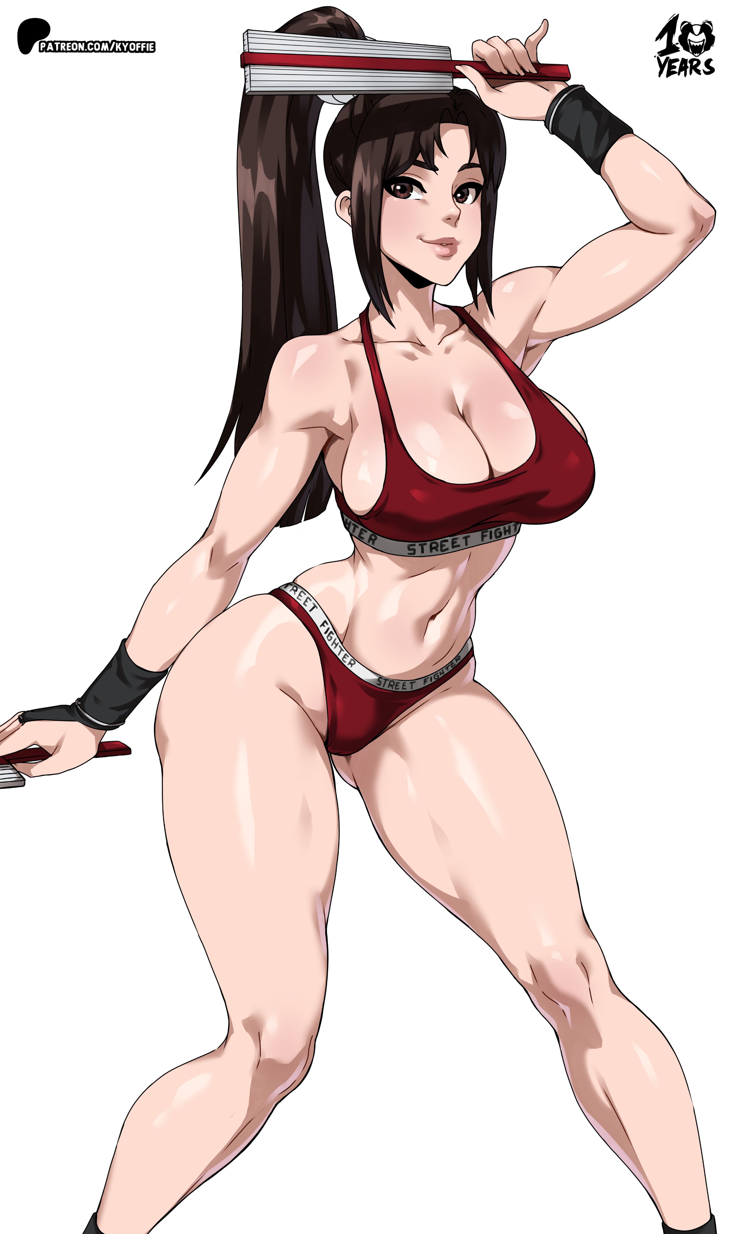 kyoffie, shiranui mai, calvin klein, fatal fury, street fighter, street fighter 6, the king of fighters, absurdres, commentary, highres, 1girl, arm up, artist name, breasts, brown eyes, brown hair, cleavage, collarbone, dual wielding, feet out of frame, hand fan, holding, holding fan, large breasts, lips, looking at viewer, navel, panties, patreon logo, patreon username, ponytail, red panties, red sports bra, simple background, solo, sports bra, sports panties, standing, stomach, thighs, underwear, watermark, web address, white background