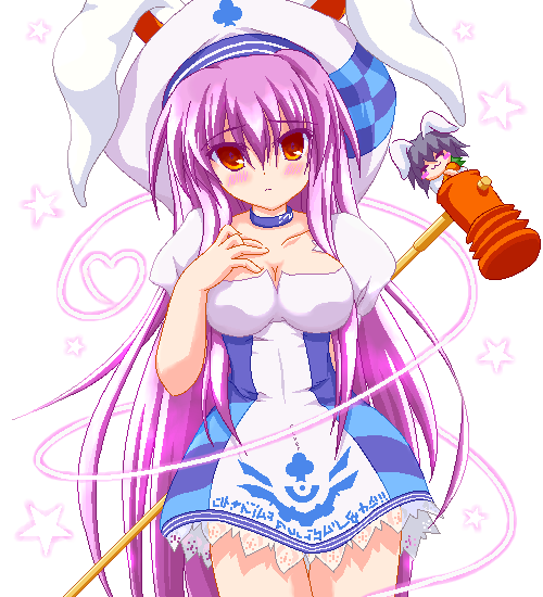arin (pangya), inaba tewi, reisen udongein inaba, pangya, touhou, animal ears, arin (cosplay), arm behind back, blush, breasts, brown eyes, chibi, cleavage, cosplay, crossover, dress, golf club, hair between eyes, hat, long hair, oekaki, purple hair, rabbit ears, very long hair