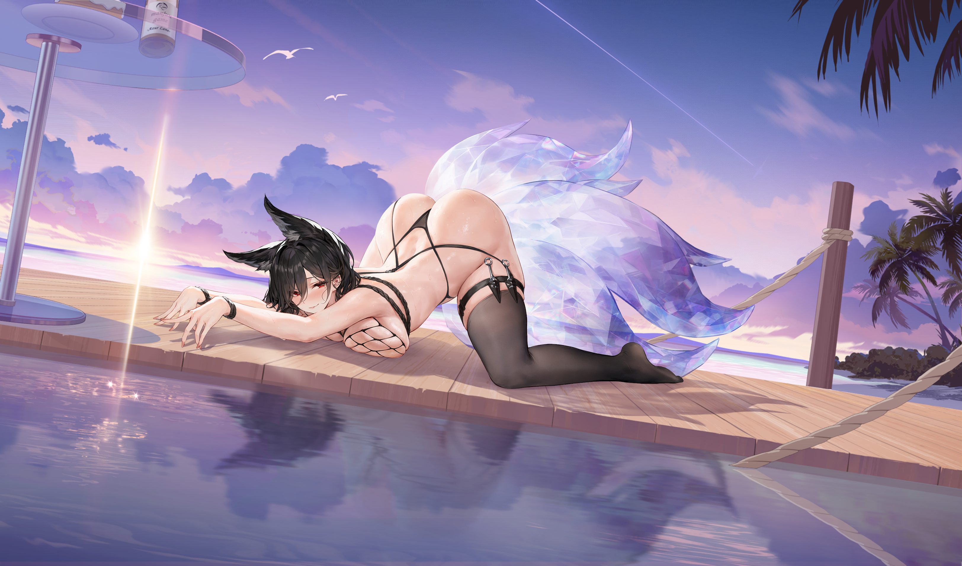 oumi (a failed escape?) (azur lane), oumi (azur lane), azur lane, absurdres, highres, non-web source, official art, 1girl, animal ears, ass, bare shoulders, black hair, black thighhighs, boardwalk, breasts, character name, cloud, cloudy sky, extra ears, fishnets, fox ears, fox girl, fox tail, full body, highleg, kunai, large breasts, long hair, looking at viewer, lying, medium hair, mole, mole under eye, nail polish, official alternate costume, outdoors, red eyes, red nails, rope, shiny skin, skindentation, sky, solo, sunset, tail, thigh strap, thighhighs, thong, top-down bottom-up, weapon, wristband