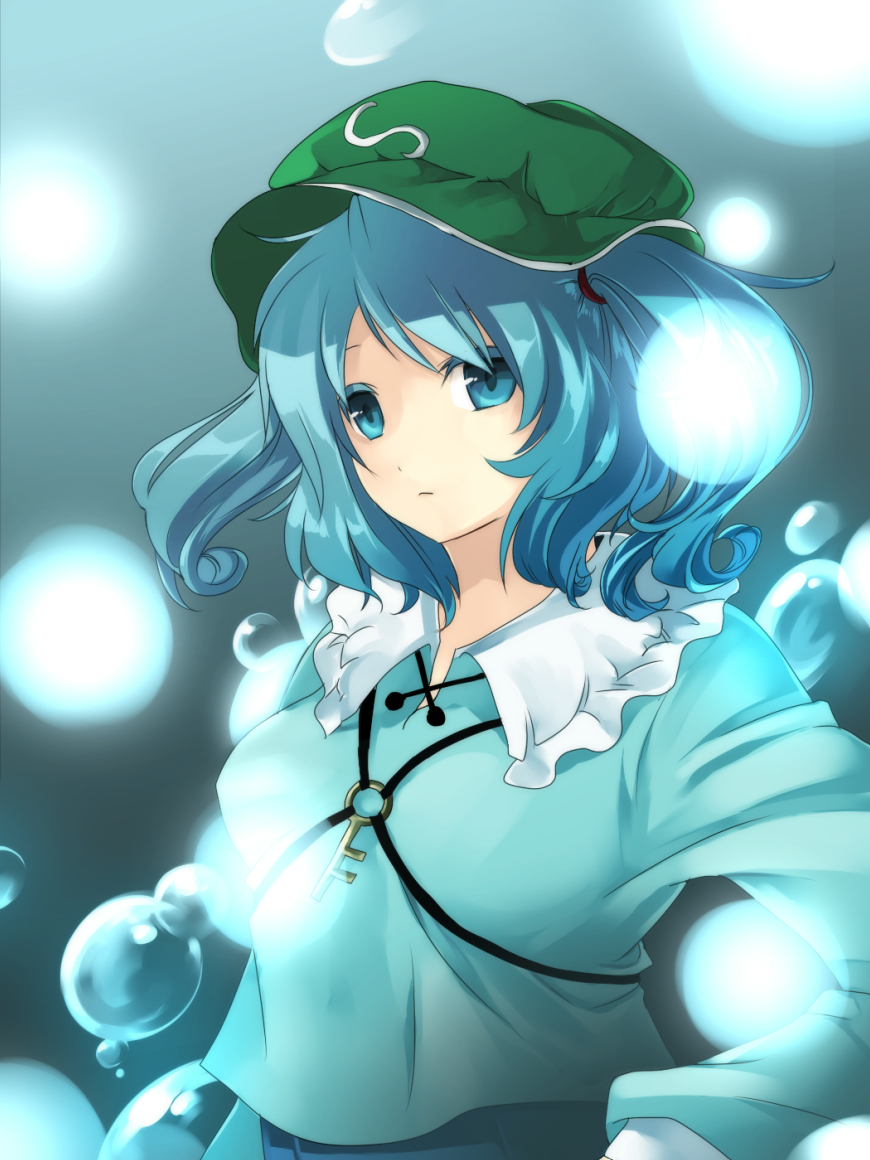 hijiri (resetter), hiz (pixiv), kawashiro nitori, touhou, bad id, bad pixiv id, 1girl, blue hair, bubble, colored eyelashes, expressionless, eyelashes, female focus, glowing, hat, key, short hair, solo, twintails, two side up