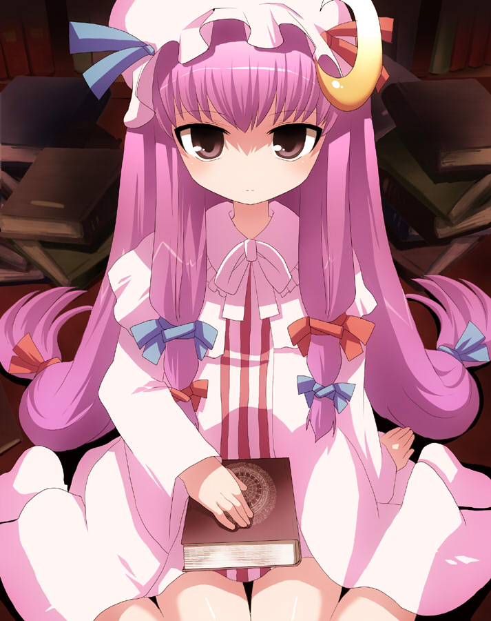 aro, ya (pixiv), patchouli knowledge, touhou, bad id, bad pixiv id, 1girl, book, female focus, hat, long hair, purple hair, ribbon, sitting, solo