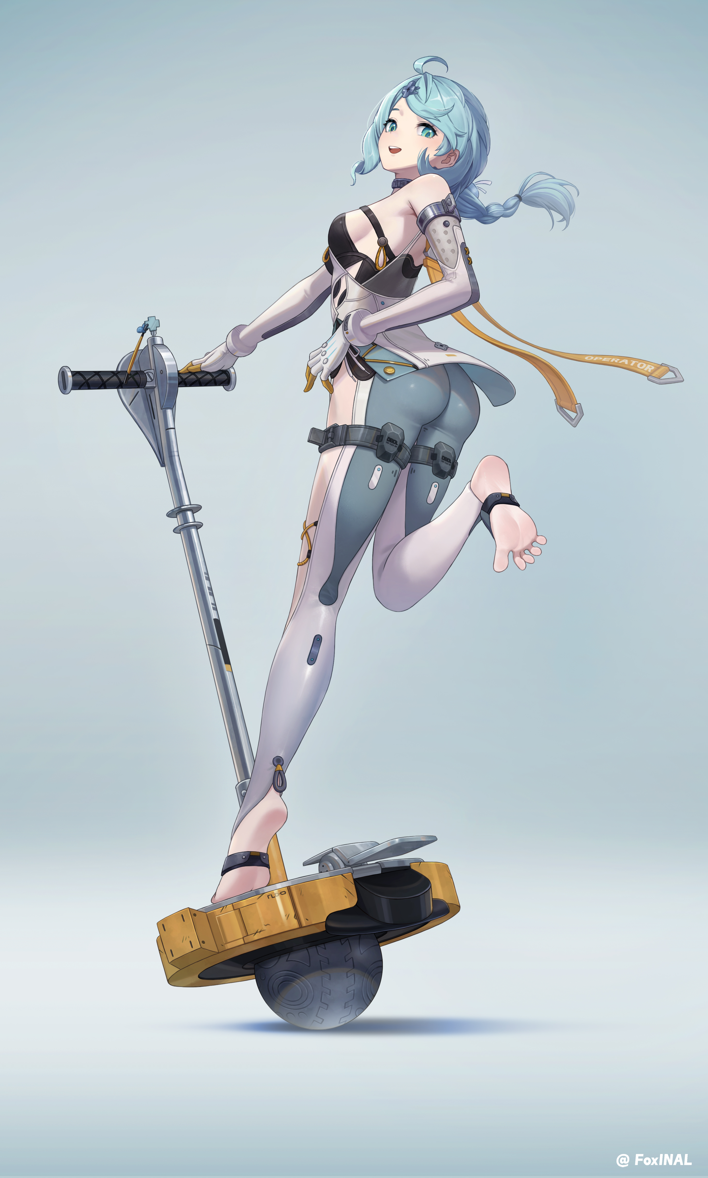 foxinal, seed (zenless zone zero), zenless zone zero, absurdres, highres, 1girl, ass, barefoot, blue eyes, blue hair, feet, long hair, looking at viewer, open mouth, soles, stirrup legwear, toeless legwear, toes