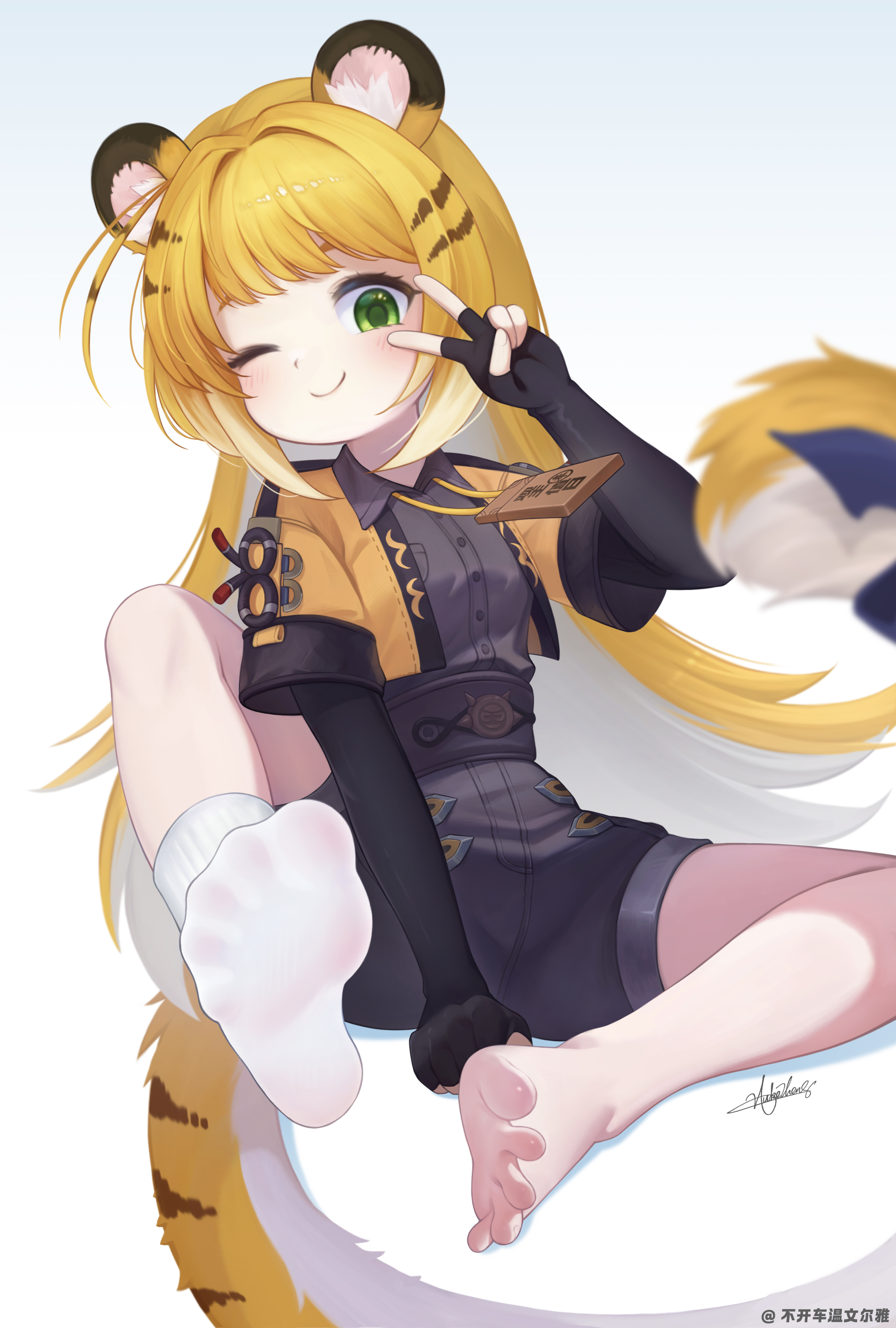 foxinal, ju fufu, zenless zone zero, absurdres, highres, 1girl, animal ears, barefoot, blonde hair, blush, feet, green eyes, long hair, looking at viewer, one eye closed, single sock, smile, socks, soles, tail, toes, v, white socks, wink