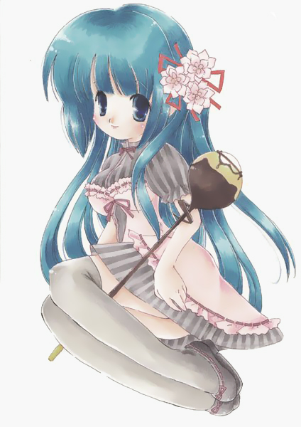 arin (pangya), pangya, blue eyes, blue hair, chibi, chocolate, dress, flower, golf club, long hair, socks, thighhighs