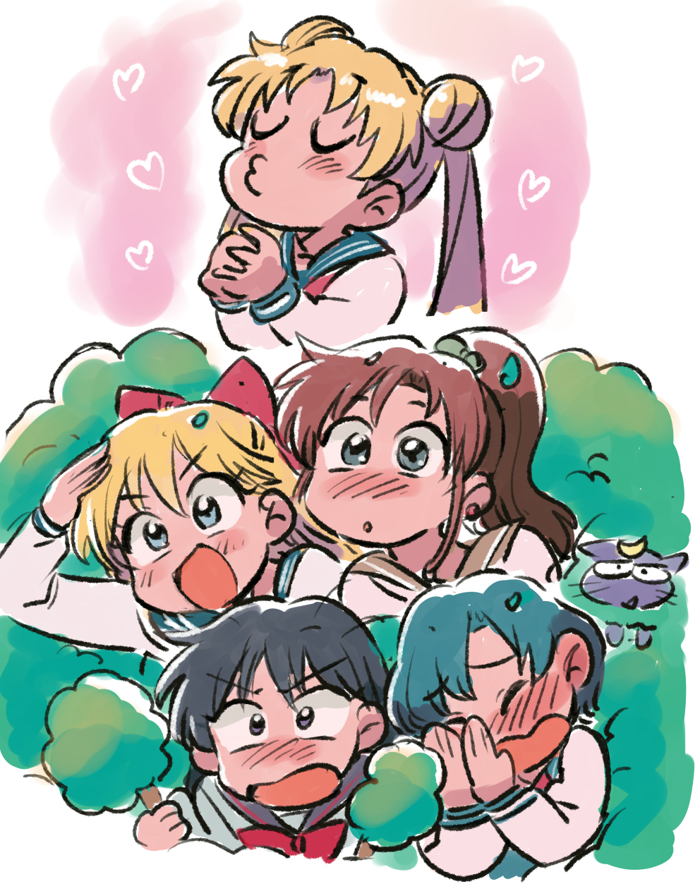 tsubobot, aino minako, hino rei, kino makoto, mizuno ami, tsukino usagi, bishoujo senshi sailor moon, highres, 5girls, black hair, blonde hair, blue eyes, blue hair, blush, bush, closed eyes, earrings, embarrassed, hair bobbles, hair ornament, jewelry, long hair, multiple girls, o3o, open mouth, parted bangs, peeking, purple eyes, raised eyebrows, stud earrings, v-shaped eyebrows