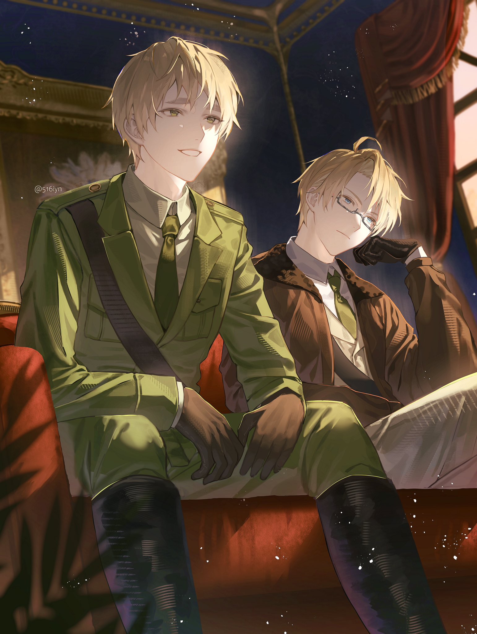 america (hetalia), united kingdom (hetalia), axis powers hetalia, commentary, english commentary, highres, 2boys, 516iyn, ahoge, artist name, belt, black-framed eyewear, black belt, black boots, black gloves, blonde hair, blue eyes, boots, breast pocket, brown gloves, brown jacket, clenched hand, closed mouth, collared shirt, couch, curtains, feet out of frame, fur-trimmed jacket, fur trim, glasses, gloves, green eyes, green jacket, green necktie, green pants, hand on own face, hand up, indoors, jacket, lapels, leather, leather gloves, long sleeves, looking to the side, male focus, military jacket, military uniform, multiple boys, necktie, on couch, open clothes, open jacket, painting (object), pants, plant, pocket, puffy long sleeves, puffy sleeves, semi-rimless eyewear, shirt, short hair, sitting, smile, teeth, white jacket, white pants, white shirt, window