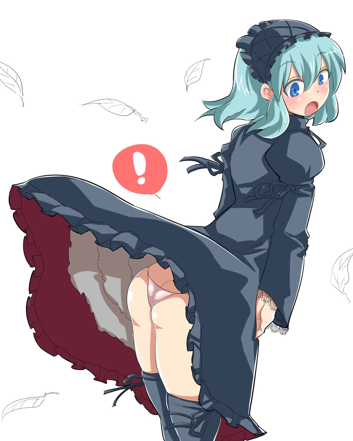itini-sanshi, 2channel, commentary request, highres, !, 1boy, 2channel (/livejupiter/), aile-kun, ass, blue eyes, blue hair, blush, butt crack, clothes lift, cowboy shot, crossdressing, crossdressing (mtf), dress, dress lift, frilled dress, frilled hairband, frills, grey dress, grey hairband, grey thighhighs, hairband, leaf, leaning forward, long sleeves, looking back, looking down, male focus, open mouth, panties, pink panties, short hair, simple background, solo, spoken exclamation mark, thighhighs, trap, underwear, white background, wind, wind lift