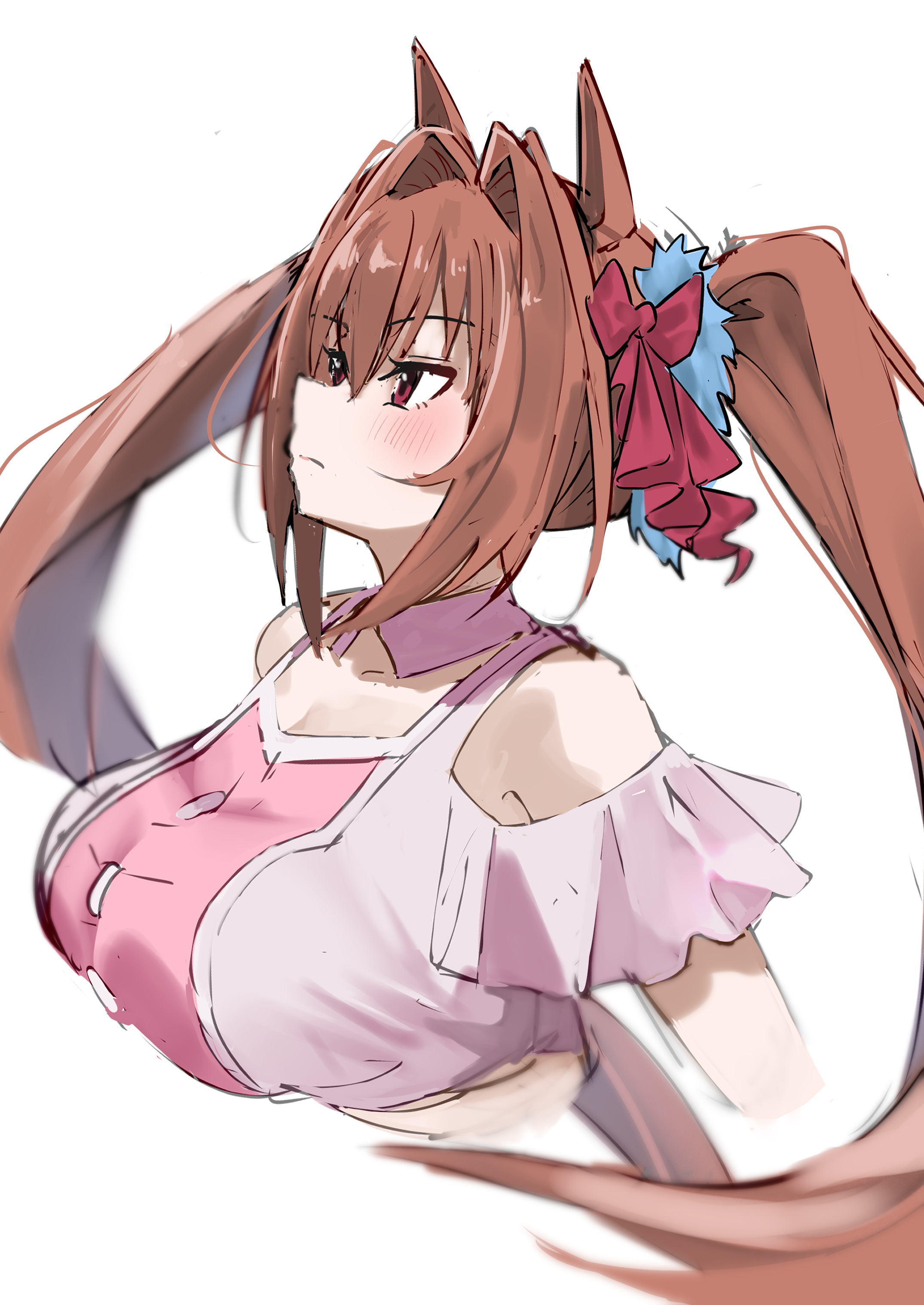 lowlight1010, daiwa scarlet (umamusume), umamusume, absurdres, commentary request, highres, 1girl, alternate costume, animal ears, bare shoulders, blush, bow, breasts, brown hair, closed mouth, detached collar, from side, hair between eyes, hair intakes, hair ornament, horse ears, horse girl, large breasts, long hair, meni shuki rush-sshu!, pink shirt, red bow, red eyes, shirt, simple background, sketch, solo, twintails, upper body, very long hair, white background