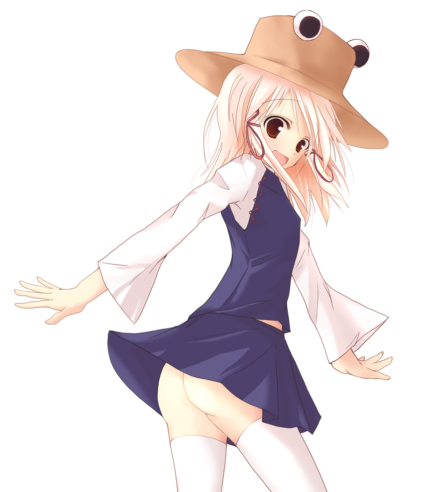 rikudou inuhiko, moriya suwako, touhou, 1girl, ass, blonde hair, blouse, cowboy shot, female focus, from side, hat, midriff peek, miniskirt, no panties, ribbon, shirt, short hair, simple background, skirt, solo, thighhighs, white background, white shirt, white thighhighs