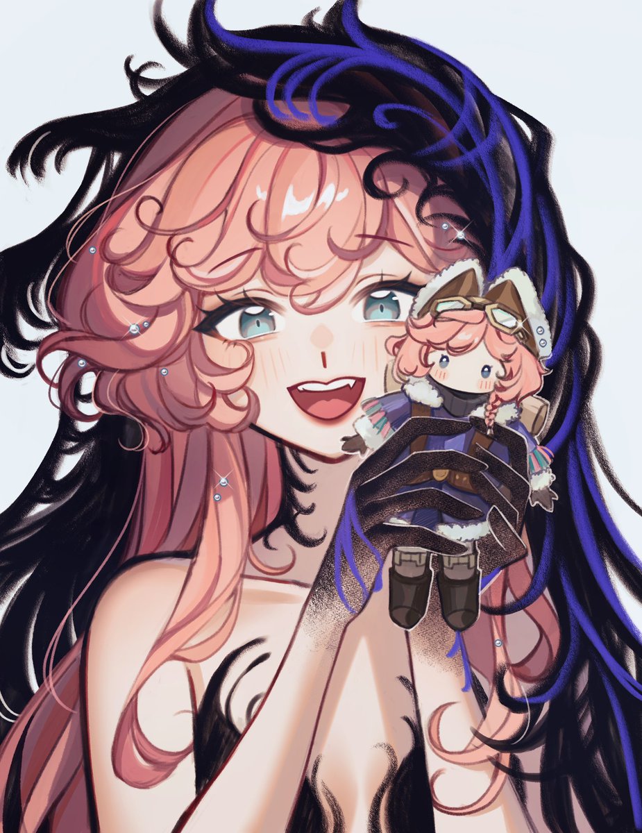 loemyn, nautika (reverse:1999), reverse:1999, highres, 1girl, :d, bare arms, bare shoulders, black dress, black hands, black veil, blue eyes, blue veil, character doll, colored extremities, doll, dress, fangs, grey background, hands up, holding, holding doll, long hair, open mouth, pink hair, smile, solo, strapless, strapless dress, two-tone veil, upper body, veil