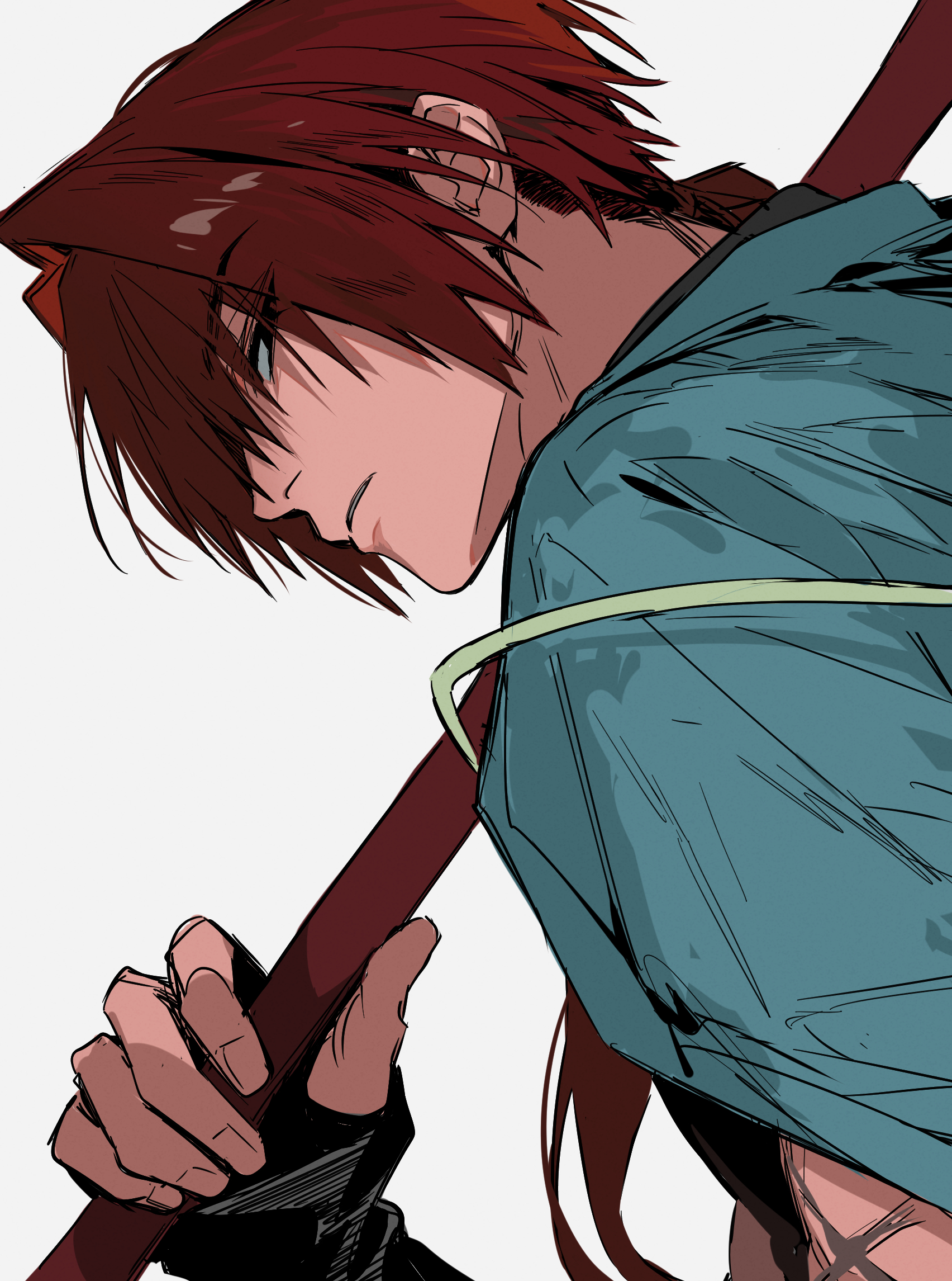 keita kg85, fate/grand order, fate (series), highres, 1boy, black gloves, blue haori, fingerless gloves, gloves, hair intakes, haori, haori on shoulders, harada sanosuke (fate), holding, holding polearm, holding weapon, japanese clothes, long hair, looking at viewer, low ponytail, male focus, multiple scars, over shoulder, polearm, ponytail, red hair, scar, scar on arm, shinsengumi, solo, spear, weapon, weapon over shoulder, white background