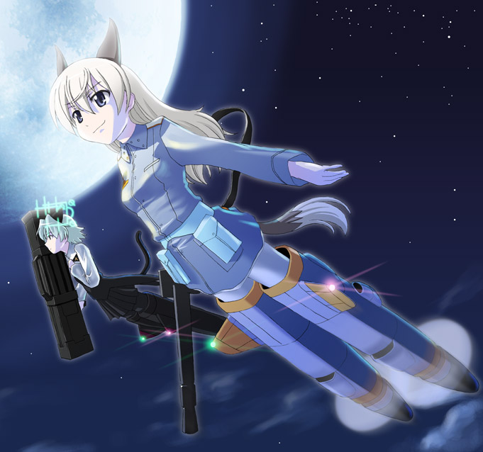 bei, yone, eila ilmatar juutilainen, sanya v. litvyak, strike witches, world witches series, silver hair, bad id, bad pixiv id, 00s, 2girls, animal ears, black pantyhose, blonde hair, blue eyes, cat ears, cat tail, flying, fox ears, fox tail, gun, hirschgeweih antennas, long hair, moon, multiple girls, necktie, night, night sky, pantyhose, rifle, rocket launcher, short hair, sky, star (sky), star (symbol), starry sky, striker unit, tail, weapon, white pantyhose