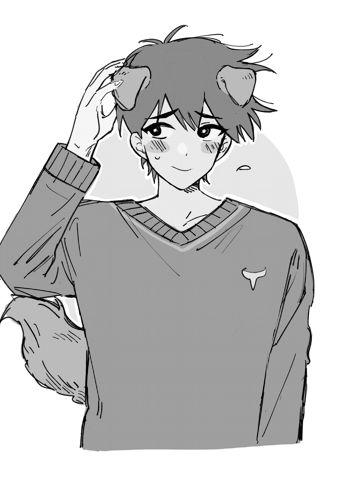 bu3hgg, hero (faraway) (omori), hero (omori), omori, commentary request, highres, korean commentary, 1boy, animal ears, arm at side, border, bright pupils, closed mouth, collarbone, cropped torso, dog boy, dog ears, dog tail, double-parted bangs, extra ears, fingernails, flying sweatdrops, greyscale, hair behind ear, hair between eyes, halftone, hand on own head, kemonomimi mode, long sleeves, looking to the side, male focus, monochrome, outline, outside border, puffy long sleeves, puffy sleeves, round border, short hair, simple background, smile, sweatdrop, sweater, tail, v-neck, very short hair, white border, white outline