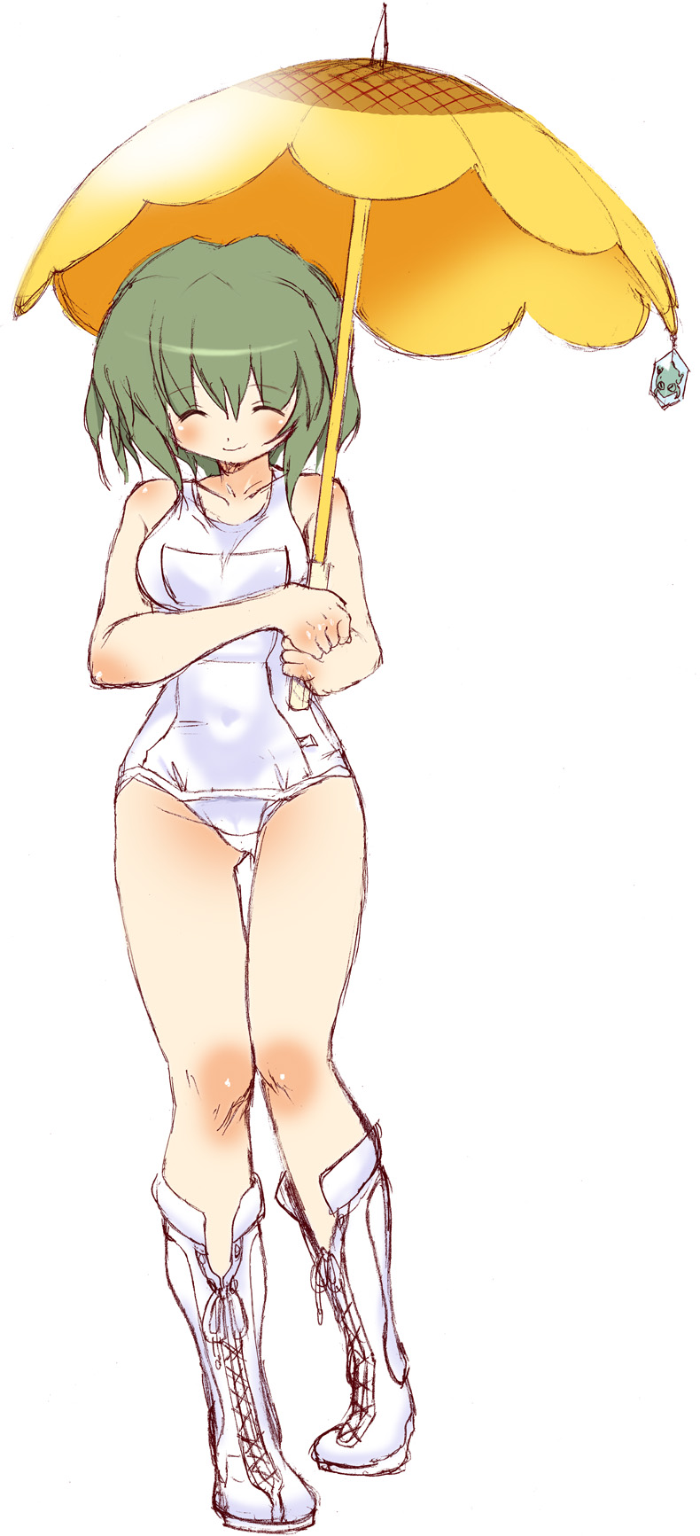 dei shirou, kazami yuuka, touhou, highres, 1girl, boots, breasts, cameltoe, closed eyes, covered navel, curvy, female focus, frog, frozen, full body, green hair, lace-up boots, medium breasts, one-piece swimsuit, parasol, school swimsuit, short hair, simple background, smile, solo, standing, swimsuit, thigh gap, umbrella, white background, white one-piece swimsuit, white school swimsuit
