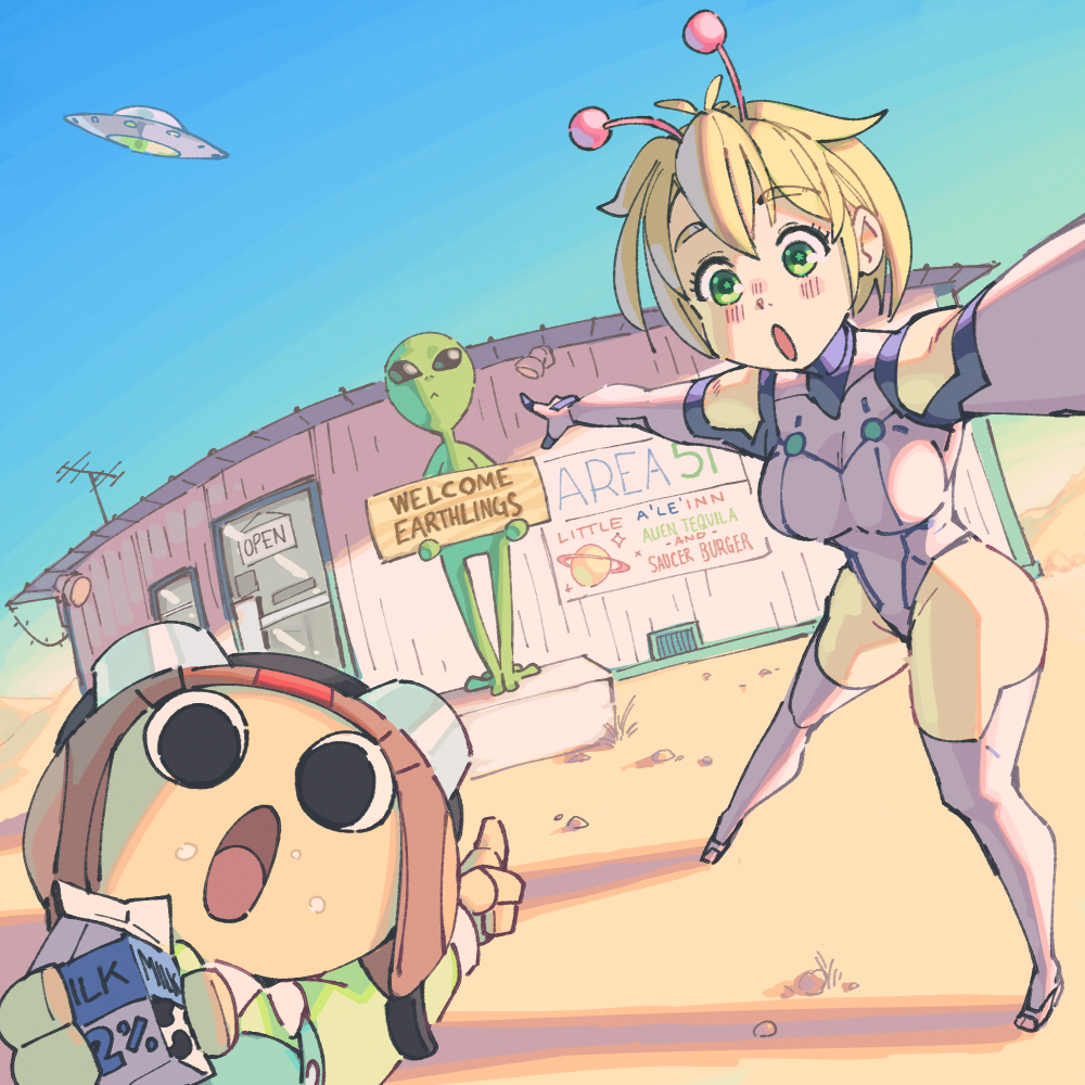rtil, chiquitita, vamola (dandadan), dandadan, 1boy, 1girl, :o, alien, antennae, area 51, blonde hair, building, day, elbow gloves, english text, gloves, green eyes, leotard, meme, milk carton, open mouth, outdoors, pointing, pointing backward, screaming, short hair, statue, thighhighs, two soyjaks pointing (meme), ufo