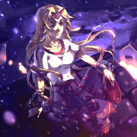 sunakumo, hoshiguma yuugi, touhou, lowres, 1girl, blonde hair, chain, cup, female focus, horns, long hair, sakazuki, single horn, solo