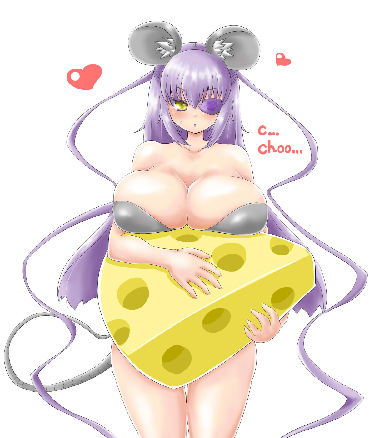 itini-sanshi, barasuishou, rozen maiden, commentary request, highres, 1girl, alternate breast size (larger), animal costume, animal ears, blush, breasts, cheese, cowboy shot, eyepatch, fake animal ears, fake tail, food, grey leotard, huge breasts, leotard, long hair, looking at viewer, mouse costume, mouse ears, mouse tail, open mouth, purple hair, simple background, solo, strapless, strapless leotard, swiss cheese, tail, white background, yellow eyes